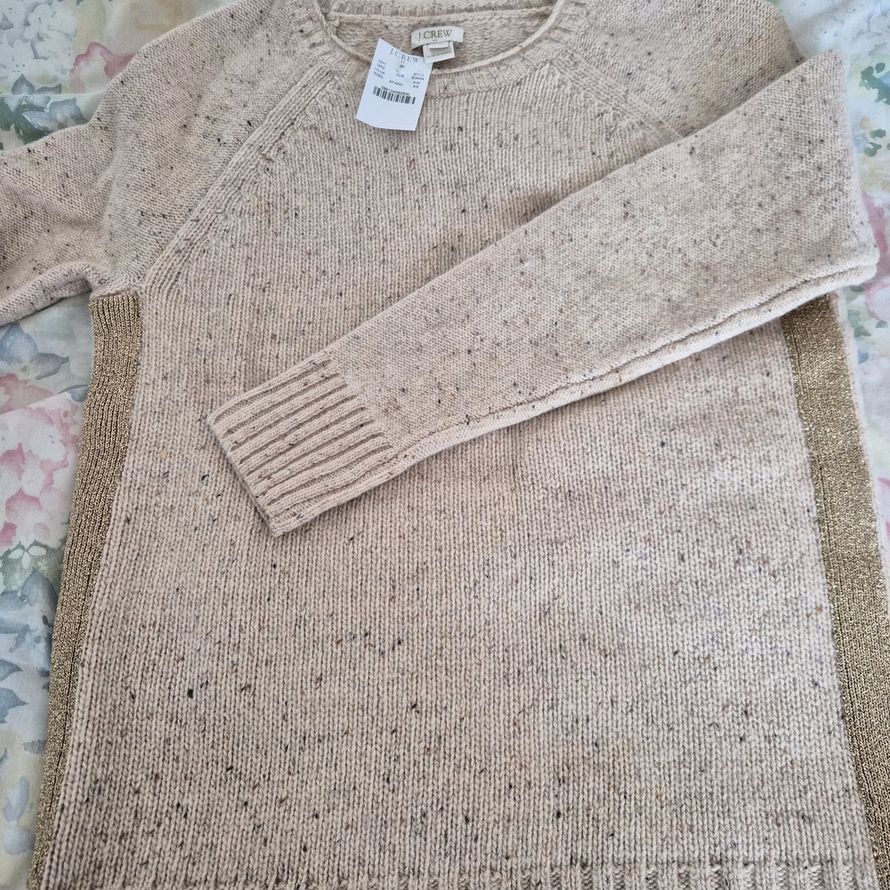 J CREW  Oatmeal Speckled Heather Cream W/ Gold Side Stripe Women's Sweater New